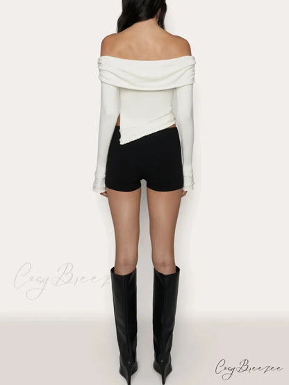 Asymmetrical Split Off Shoulder Modern Floral Cable Knit Top
