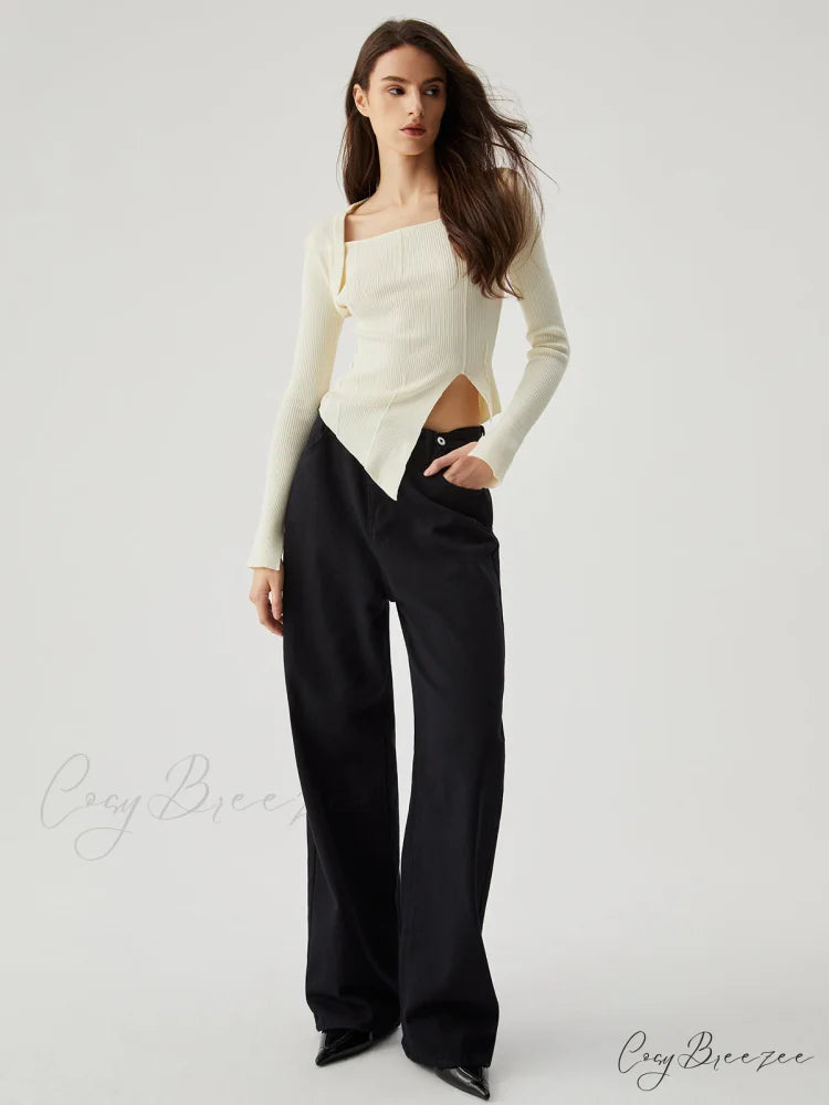 Asymmetrical Split Square Neck Modern Long Sleeve Knit Top