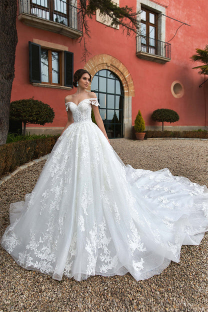 Athens Lace Applique Trendy Off-the-Shoulder Wedding Dress