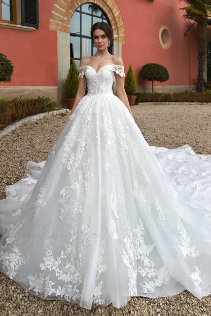 Athens Lace Applique Trendy Off-the-Shoulder Wedding Dress Ivory / 2