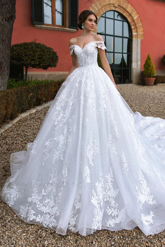 Athens Lace Applique Trendy Off-the-Shoulder Wedding Dress White / 2