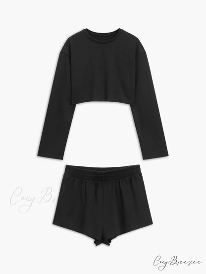 Athleisure Long Sleeve Trendy Three Piece Shorts Set