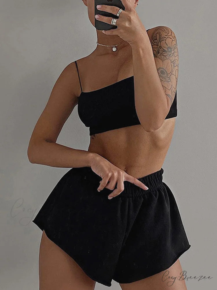 Athleisure Long Sleeve Trendy Three Piece Shorts Set Black / XS
