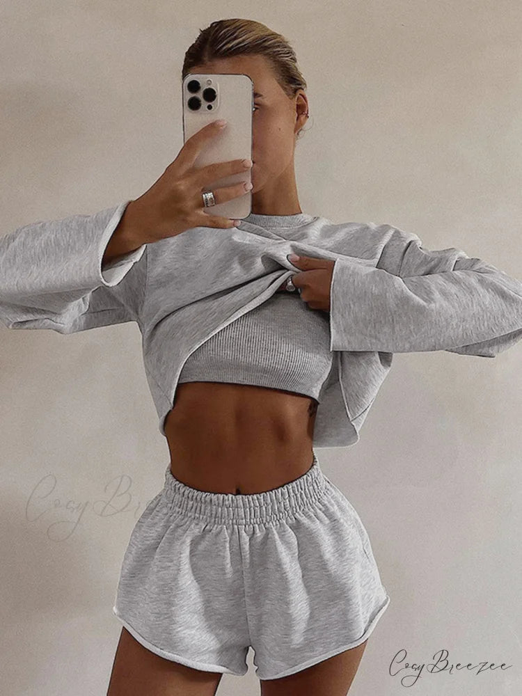 Athleisure Long Sleeve Trendy Three Piece Shorts Set Grey / XS