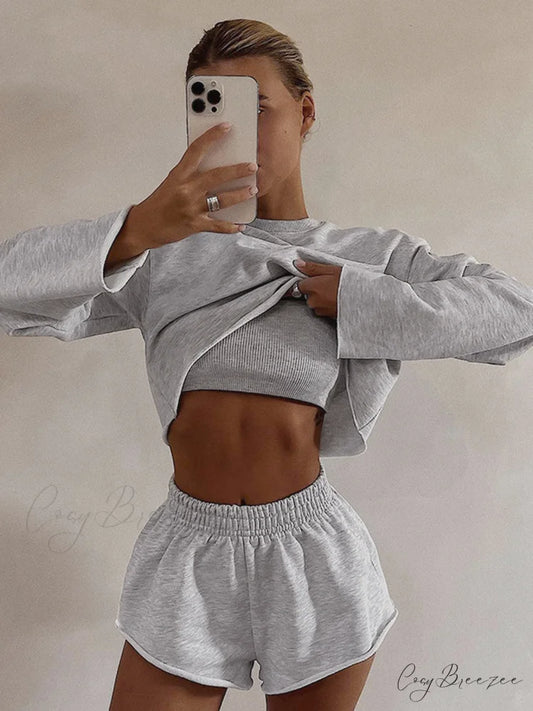 Athleisure Long Sleeve Trendy Three Piece Shorts Set Grey / XS
