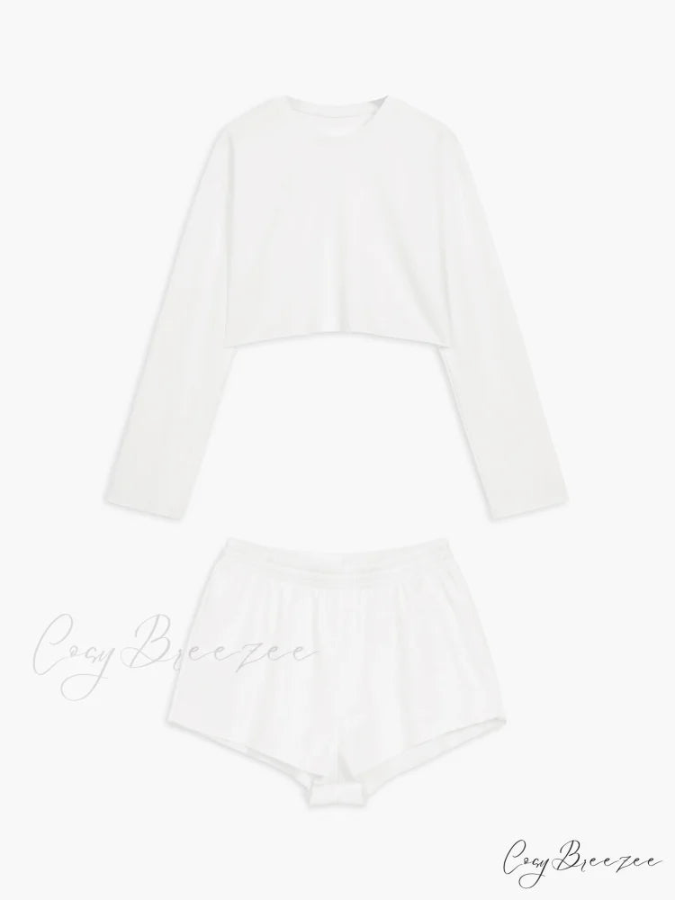 Athleisure Long Sleeve Trendy Three Piece Shorts Set White / XS
