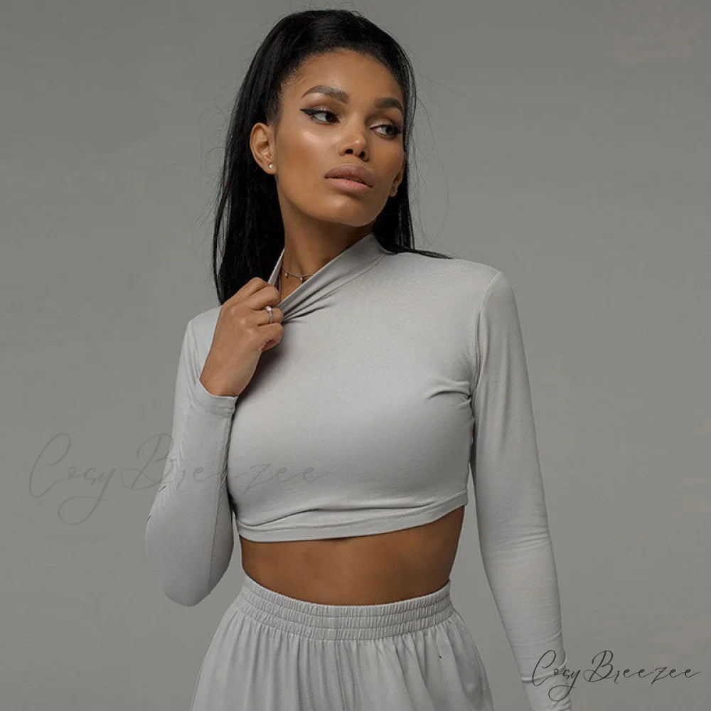 Athleisure Solid Long Sleeve Crop Top Sophisticated Wide Leg Pants Matching Set - Black L / Gray