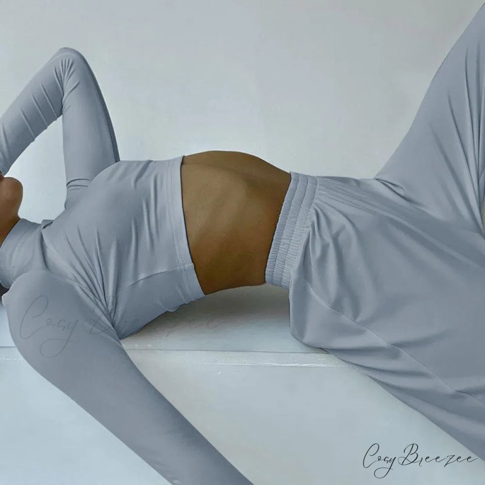 Athleisure Solid Long Sleeve Crop Top Sophisticated Wide Leg Pants Matching Set - Black M / Gray