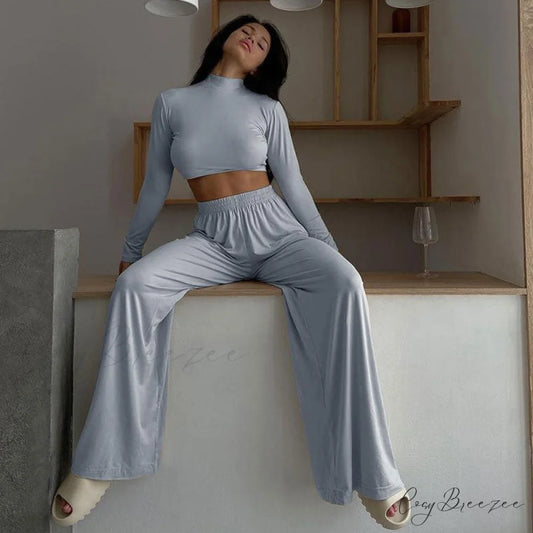 Athleisure Solid Long Sleeve Crop Top Sophisticated Wide Leg Pants Matching Set - Black S / Gray