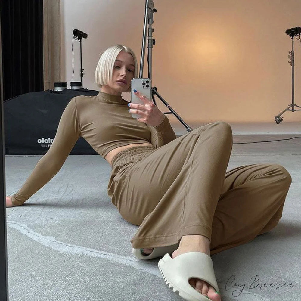 Athleisure Solid Long Sleeve Crop Top Sophisticated Wide Leg Pants Matching Set - Gray L / Khaki