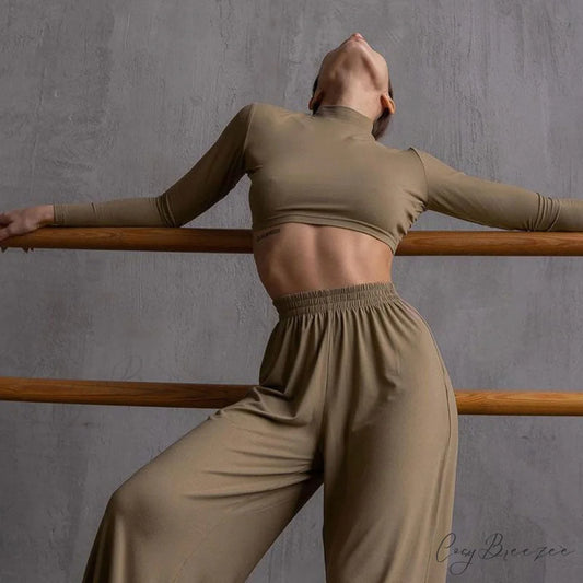 Athleisure Solid Long Sleeve Crop Top Sophisticated Wide Leg Pants Matching Set - Gray S / Khaki