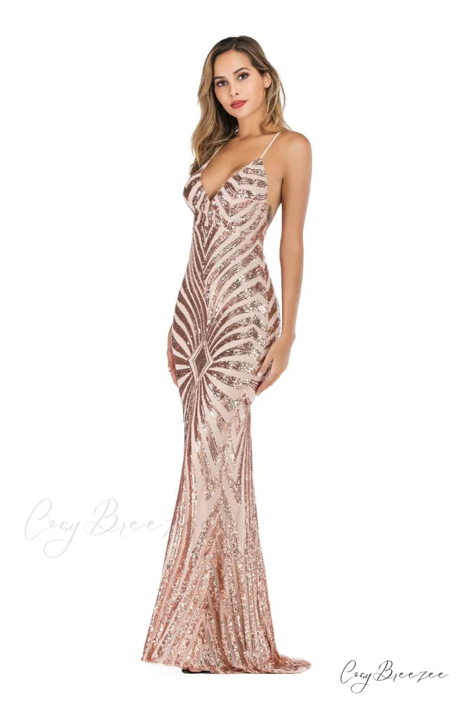 Aubrie Formal Stylish Sequin Scroll Dress CHAMPGNE / S