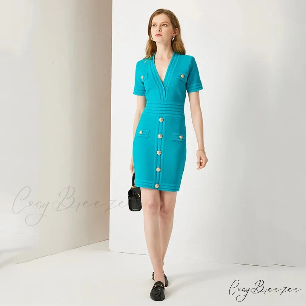 AURETA KNITTED Stylish MINI DRESS Sky blue / L