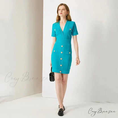 AURETA KNITTED Stylish MINI DRESS Sky blue / L