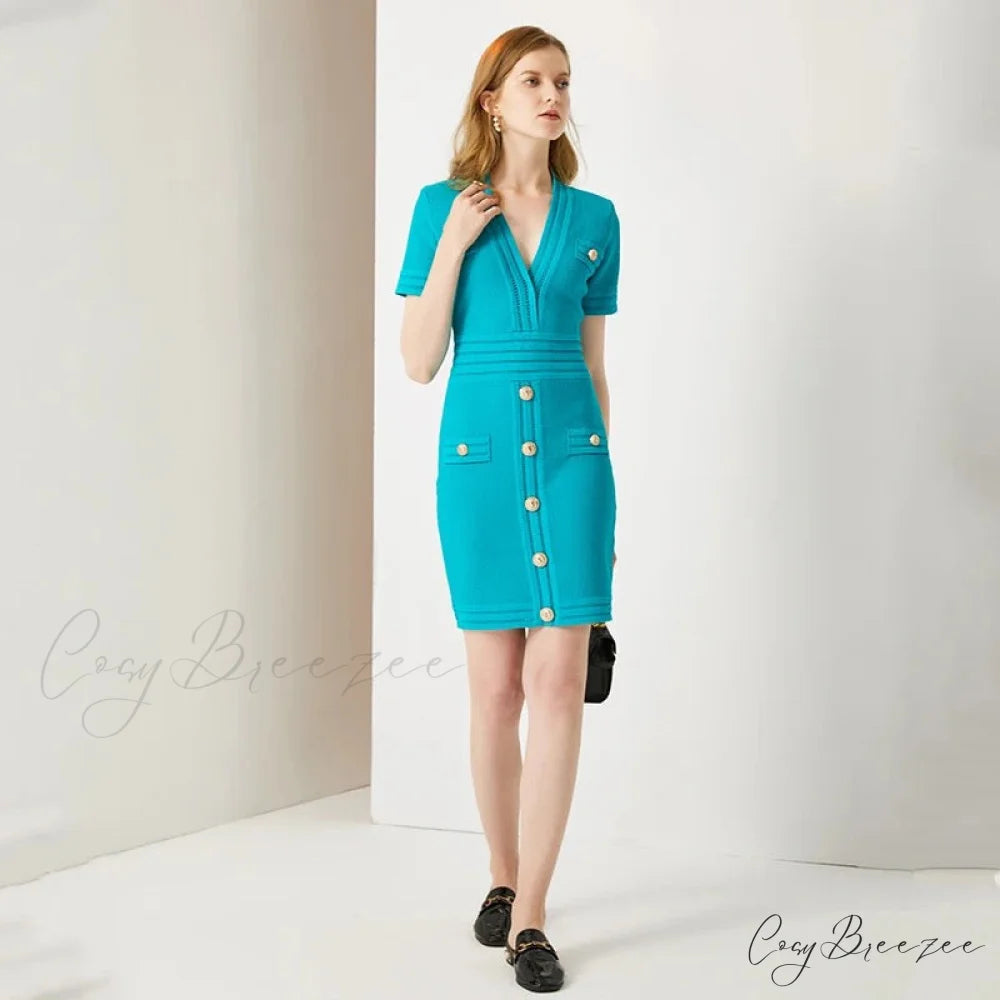 AURETA KNITTED Stylish MINI DRESS Sky blue / M