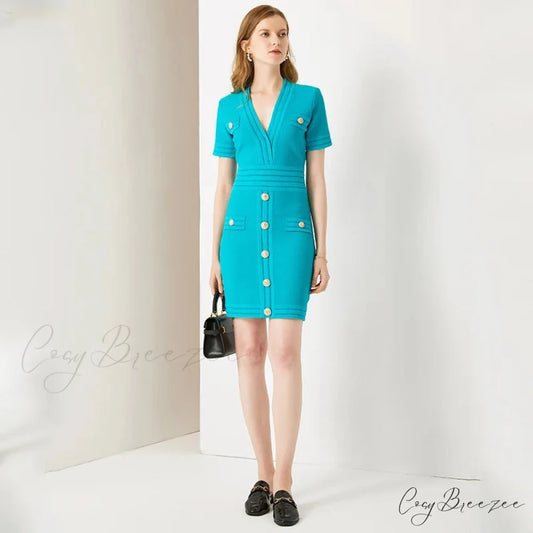 AURETA KNITTED Stylish MINI DRESS Sky blue / S
