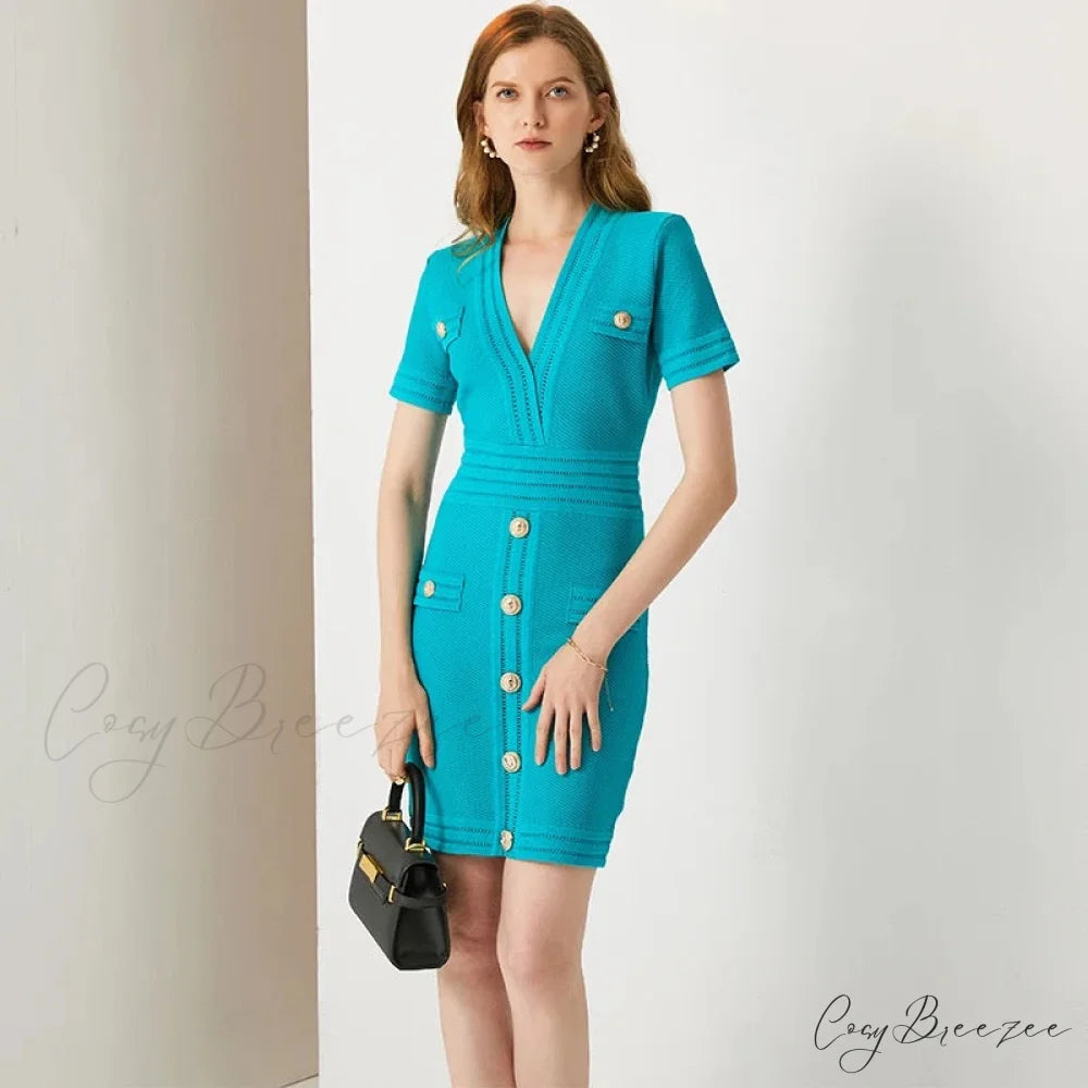 AURETA KNITTED Stylish MINI DRESS Sky blue / XL