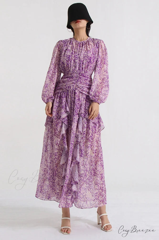 Aurier Round Neck Charming Balloon Sleeve Maxi Dress S / Aurier Print