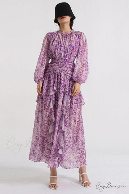 Aurier Round Neck Charming Balloon Sleeve Maxi Dress S / Aurier Print