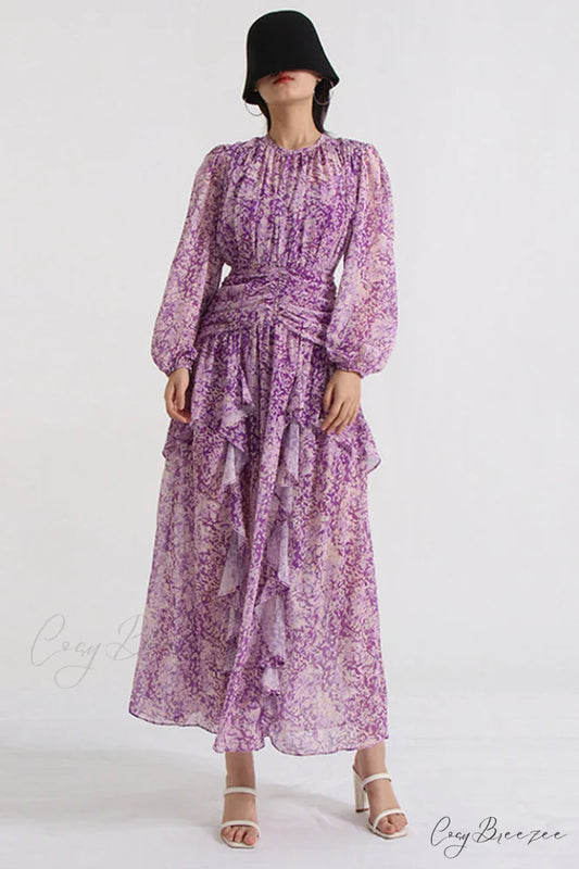 Aurier Round Neck Charming Balloon Sleeve Maxi Dress S / Aurier Print