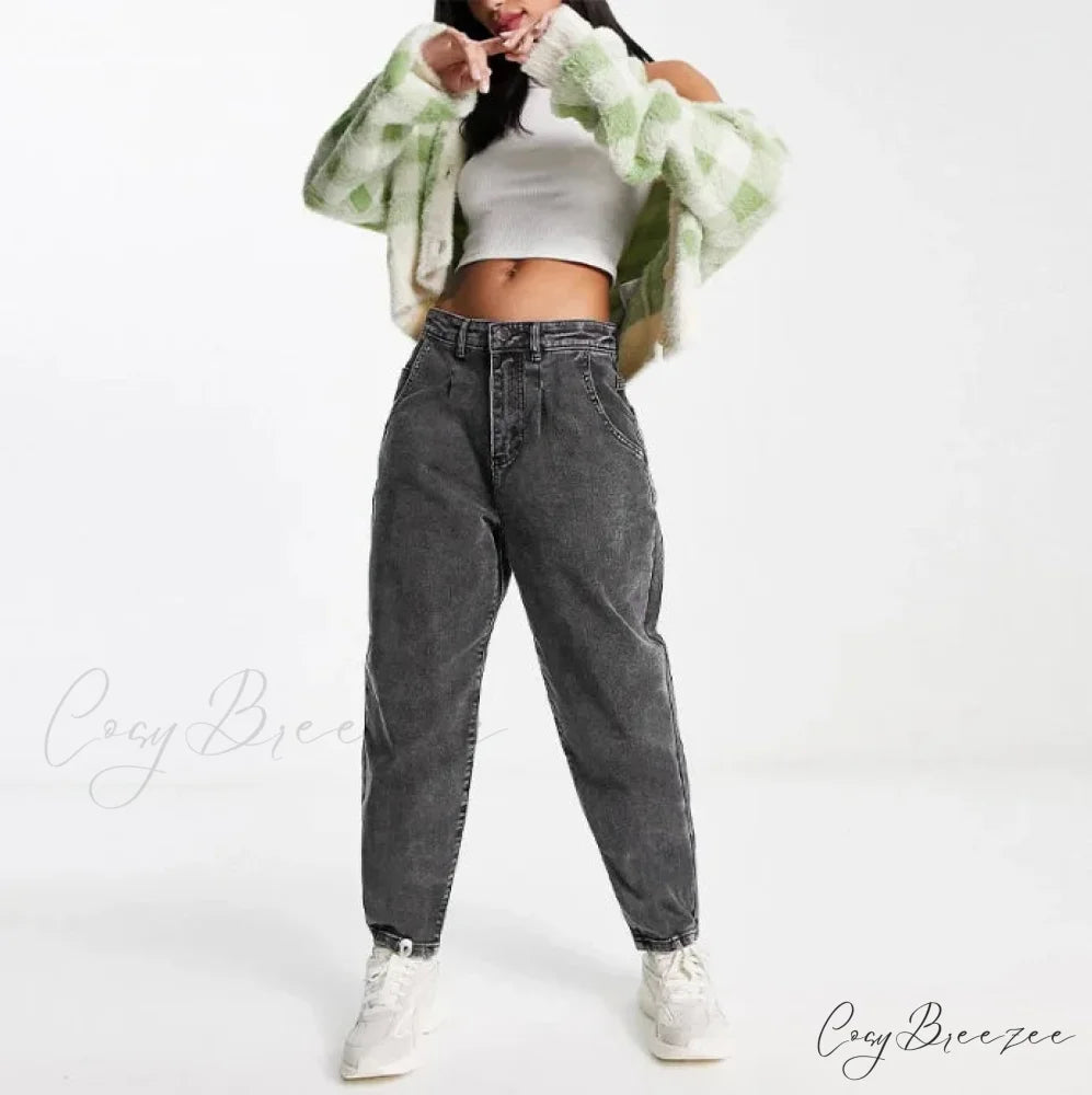 Autumn Black Washed Casual Tapered Slant Pockets Straight Legs Mom Denim Dark Grey / XS