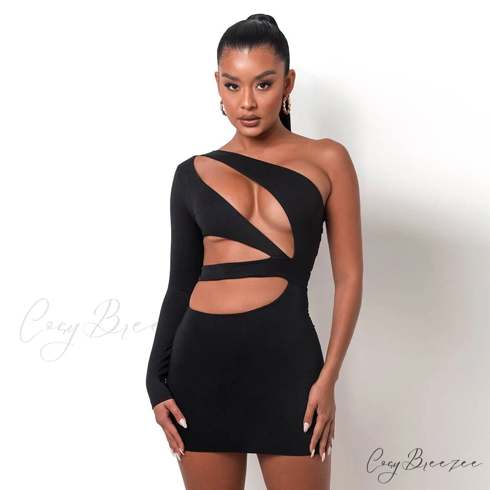 Autumn Bodycon - White Out Shoulder Evening Women Club Gown - Cut One Dress black stretchy dress / XS