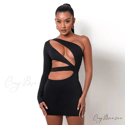 Autumn Bodycon - White Out Shoulder Evening Women Club Gown - Cut One Dress black stretchy dress / XS