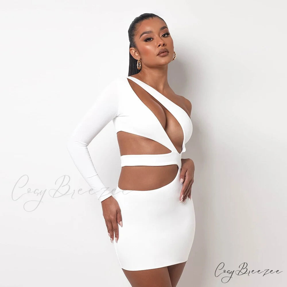 Autumn Bodycon - White Out Shoulder Evening Women Club Gown - Cut One Dress White stretchy dress / XS