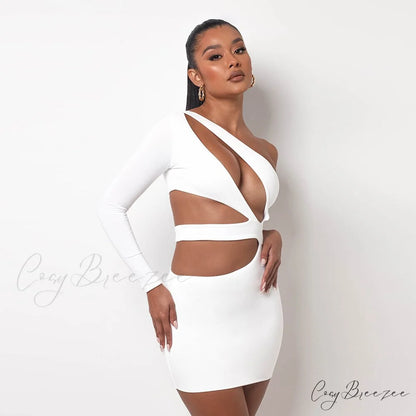 Autumn Bodycon - White Out Shoulder Evening Women Club Gown - Cut One Dress White stretchy dress / XS