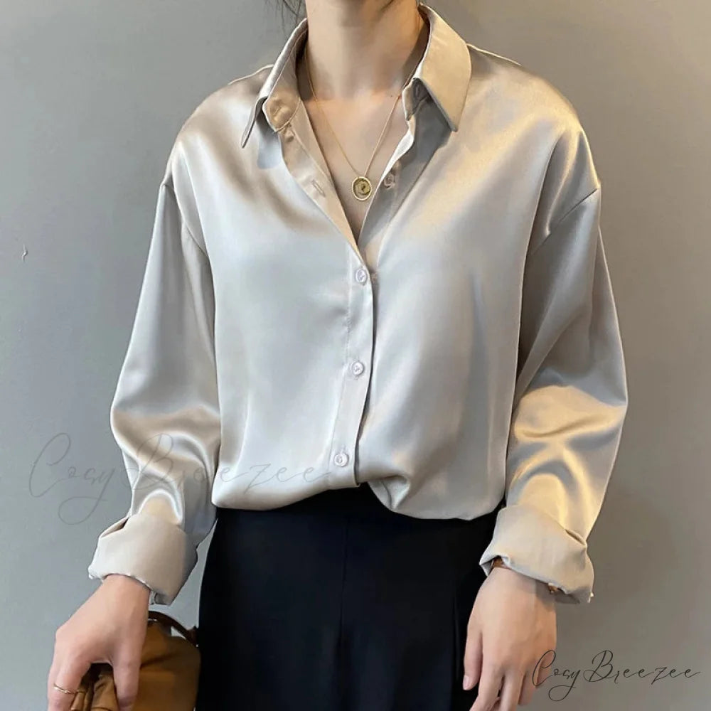 Autumn Button Up Satin Classic White Blouse Apricot / S blouse-250223