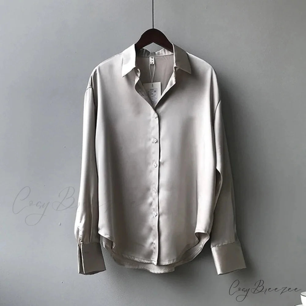 Autumn Button Up Satin Classic White Blouse GRAY / S blouse-250223