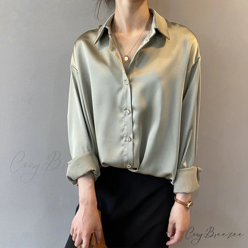 Autumn Button Up Satin Classic White Blouse Green / S blouse-250223