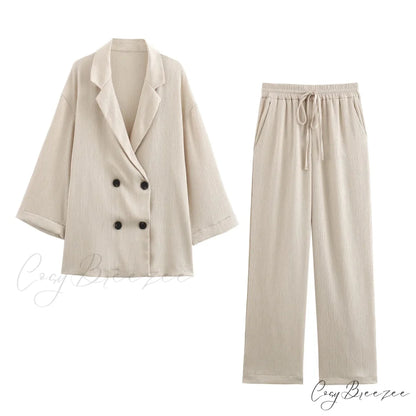 Autumn Casual Blazer Coat Pants Long Sleeve Double Breasted Suit Black / XS