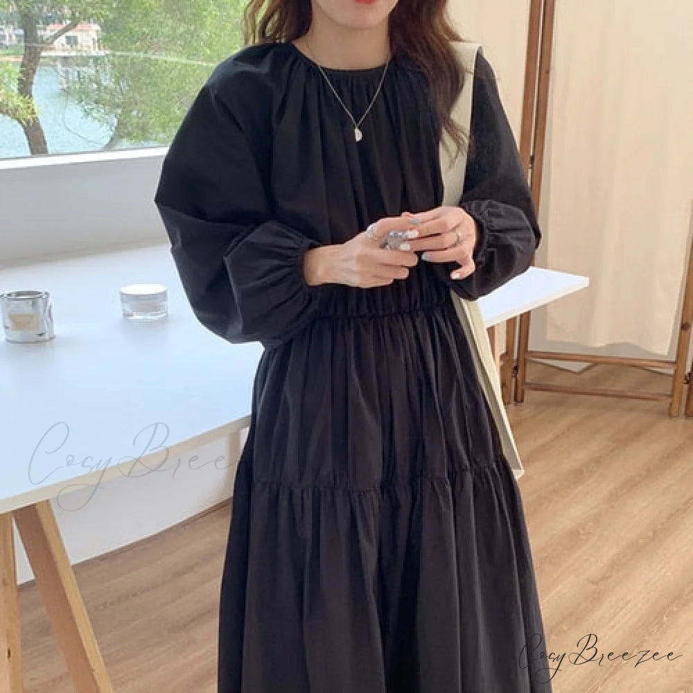 Autumn Chic O-neck Folds Puff Classic Sleeve High Waist Solid Color Dresses Black / One Size