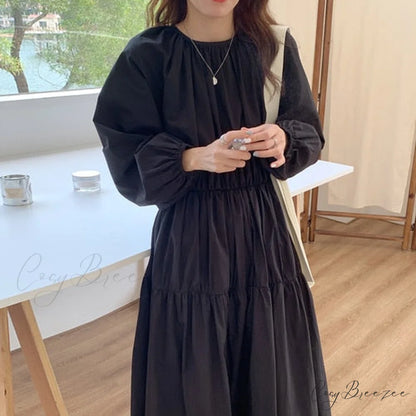 Autumn Chic O-neck Folds Puff Classic Sleeve High Waist Solid Color Dresses Black / One Size