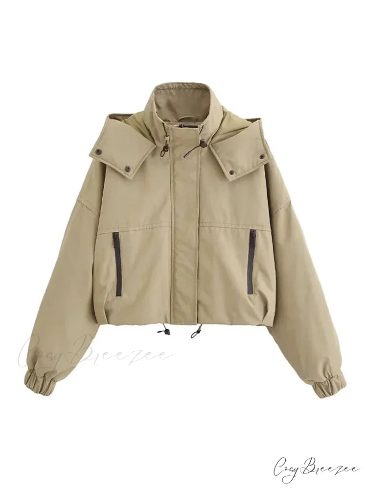 Autumn Chic Stand Collar Hooded Long Sleeves Zipper Pocket Crop Warm Stylish Coat BEIGE / S