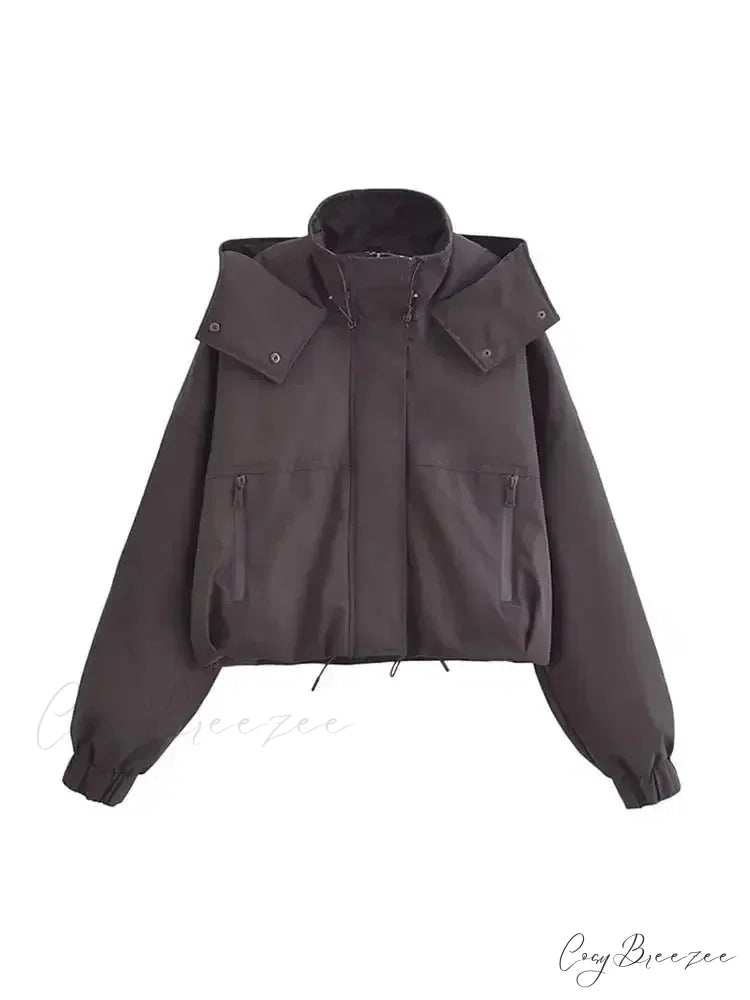 Autumn Chic Stand Collar Hooded Long Sleeves Zipper Pocket Crop Warm Stylish Coat BLACK / S