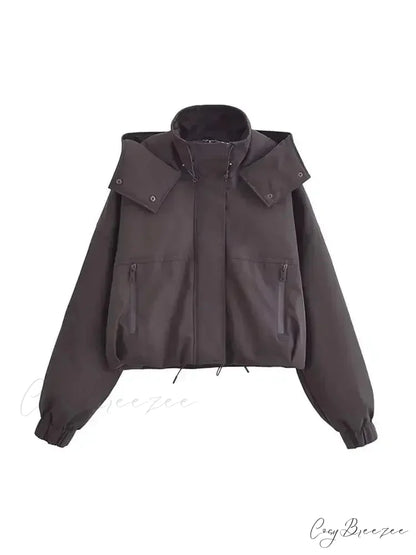 Autumn Chic Stand Collar Hooded Long Sleeves Zipper Pocket Crop Warm Stylish Coat BLACK / S