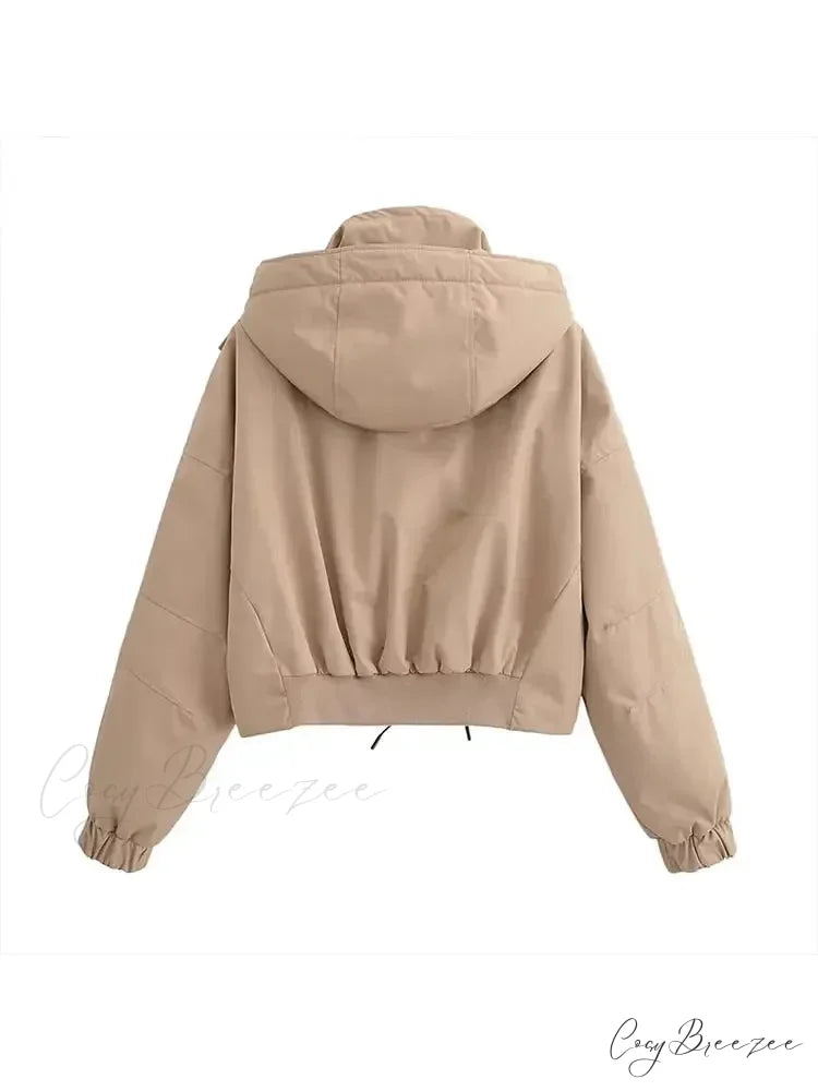 Autumn Chic Stand Collar Hooded Long Sleeves Zipper Pocket Crop Warm Stylish Coat Khaki / S