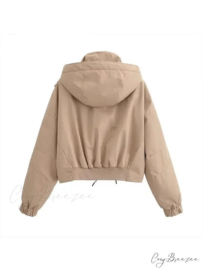 Autumn Chic Stand Collar Hooded Long Sleeves Zipper Pocket Crop Warm Stylish Coat Khaki / S