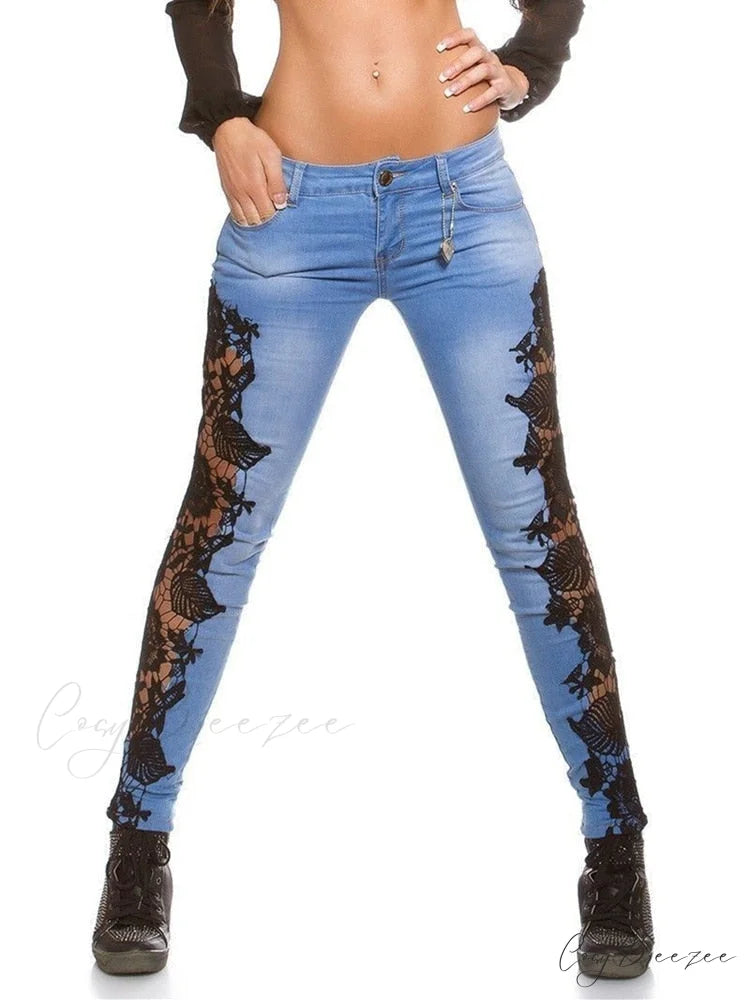 Autumn Denim Hollow-Out Flowered Elegant 3XL Crochet Women Jeans Lace Sexy Pencil