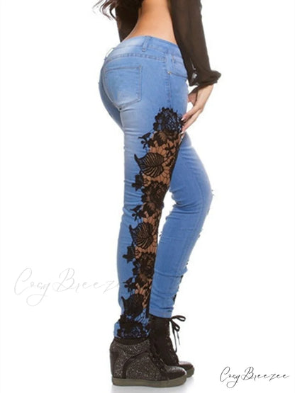 Autumn Denim Hollow-Out Flowered Elegant 3XL Crochet Women Jeans Lace Sexy Pencil