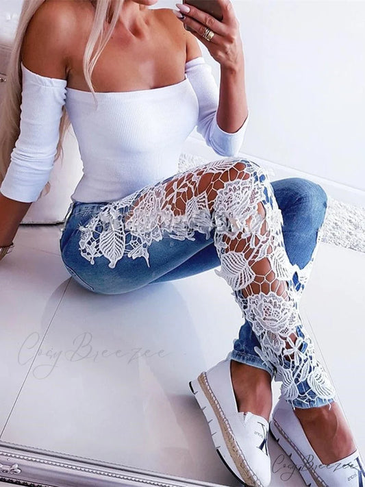 Autumn Denim Hollow-Out Flowered Elegant 3XL Crochet Women Jeans Lace Sexy Pencil Sky Blue / S