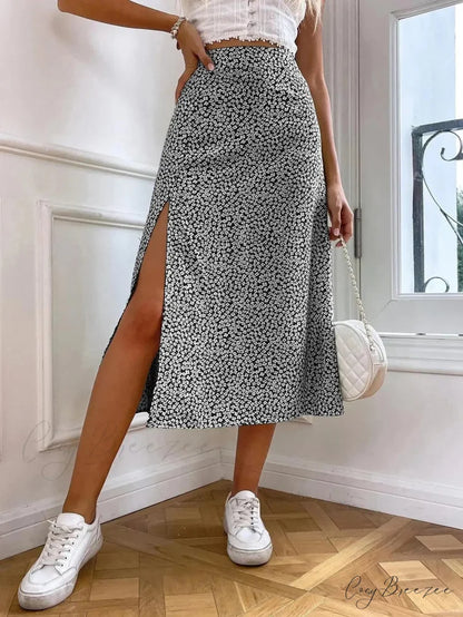 Autumn European American Floral Half Skirt A-line Wrap Hip Long skirt-250126