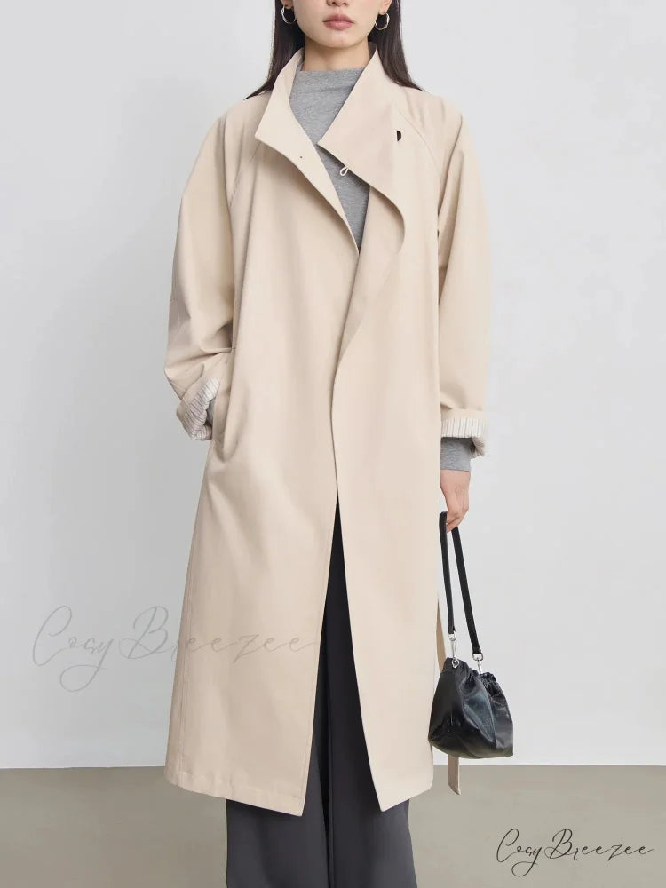 Autumn Extra Long Flowy Oversized Casual Belt Double Breasted Loose Korean Fashion 2024 Stylish Coat BEIGE / XXS