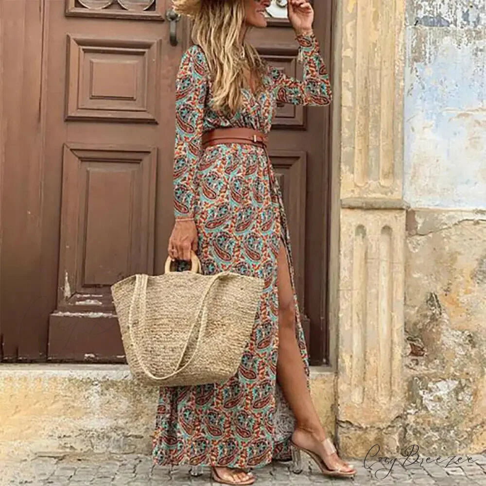 Autumn Female Short Sleeve Sexy High Split Maxi Boho Dress