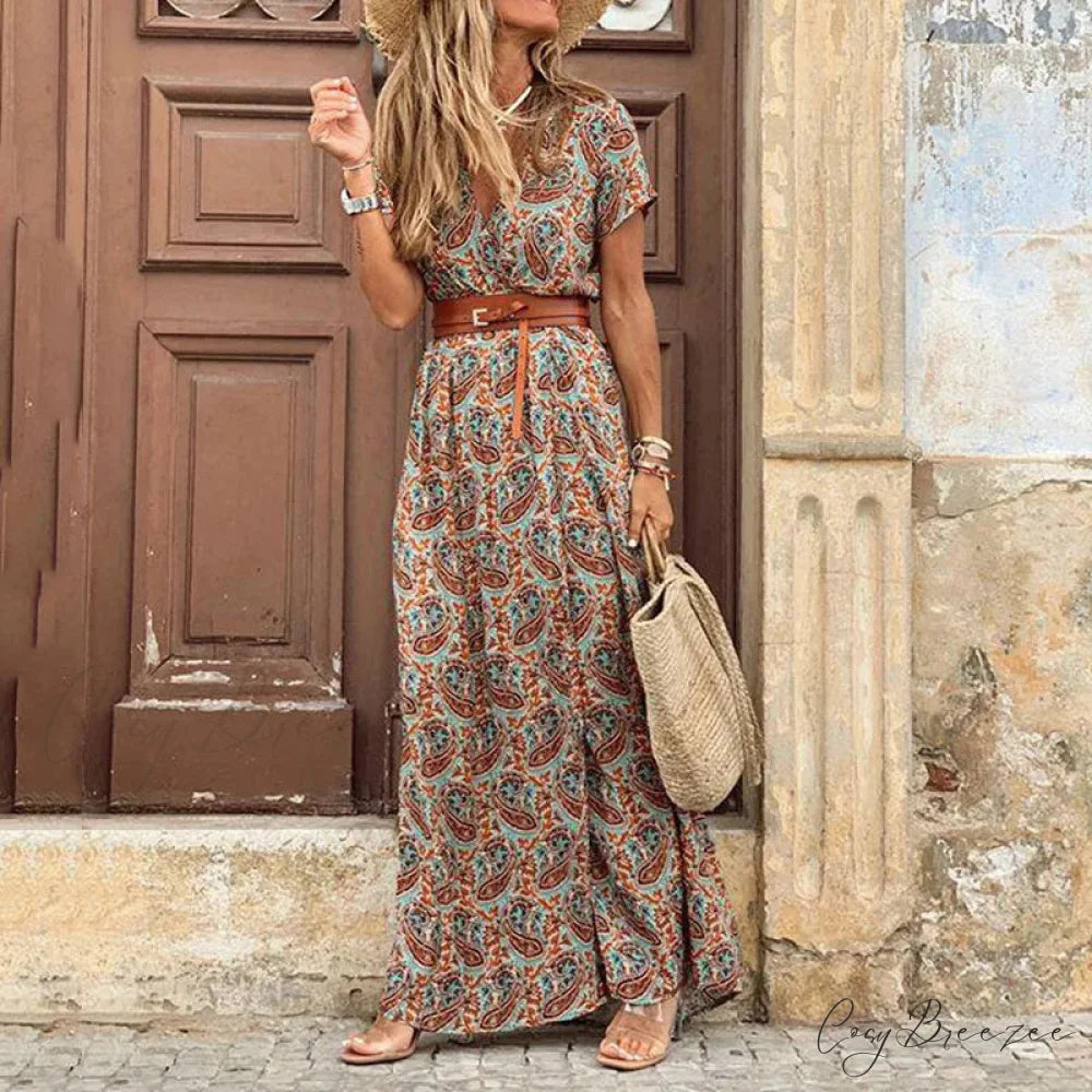 Autumn Female Short Sleeve Sexy High Split Maxi Boho Dress Brown / S