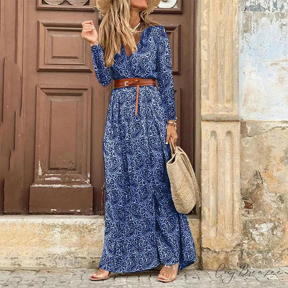 Autumn Female Short Sleeve Sexy High Split Maxi Boho Dress Deep blue / S