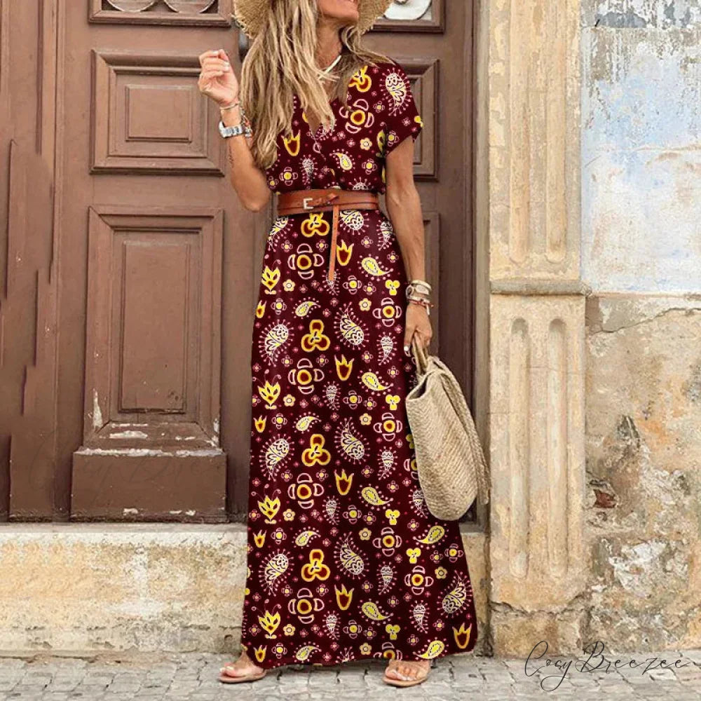 Autumn Female Short Sleeve Sexy High Split Maxi Boho Dress Wine red / S
