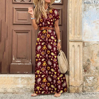 Autumn Female Short Sleeve Sexy High Split Maxi Boho Dress Wine red / S